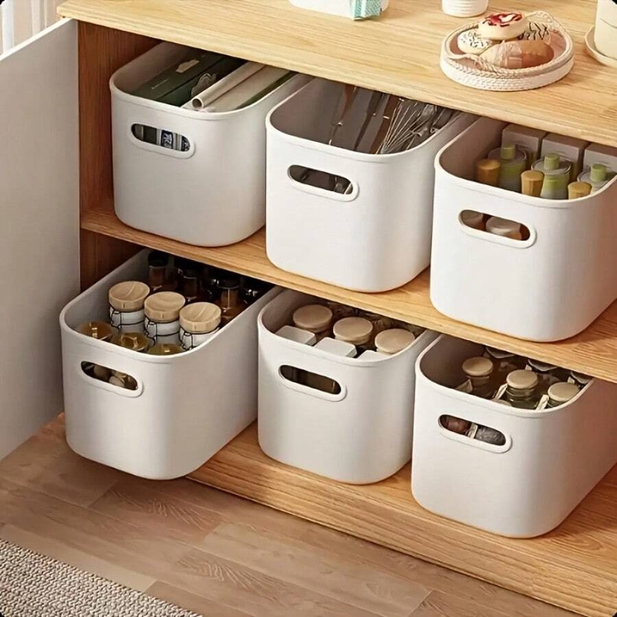6pc Ivory Stackable Plastic Storage Baskets with Lids