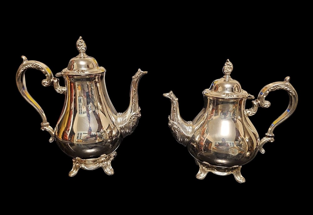 Wm Rogers & Son Silverplate Coffee Tea Service Set 5pc Ornate Floral Scroll Tray