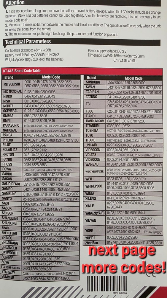 Mini Split Universal Remote Controls KT 618 + 10 000 Codes , Auto Setup.