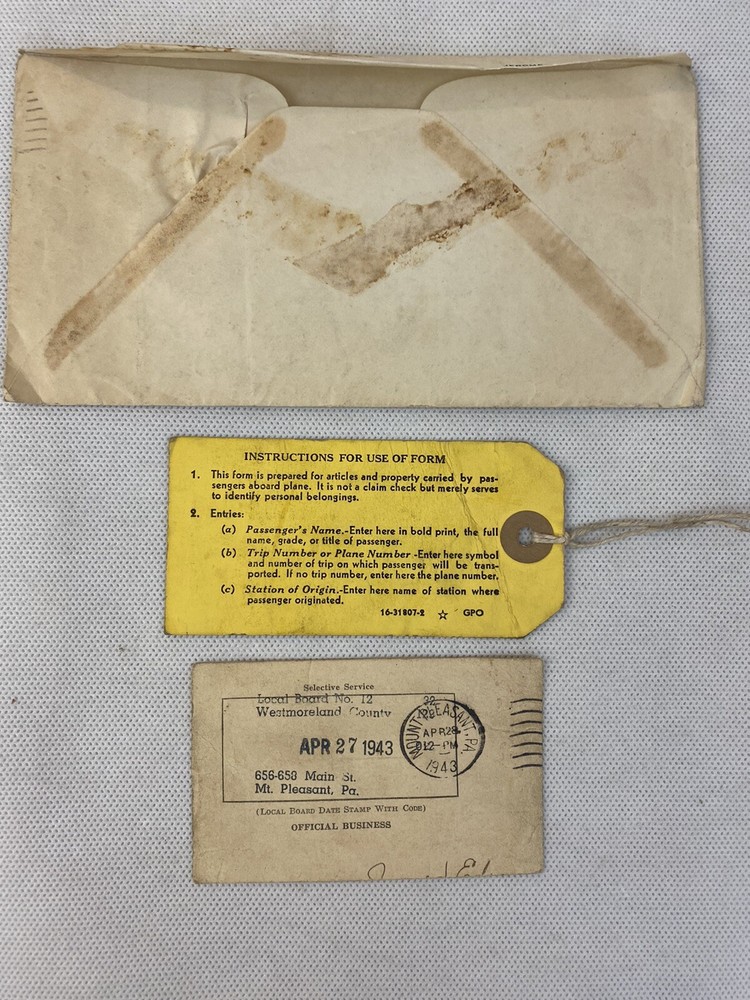 Sterrett Cabin ID Tag Notice Classification 1943 Mount Pleasant PA US Army P6C