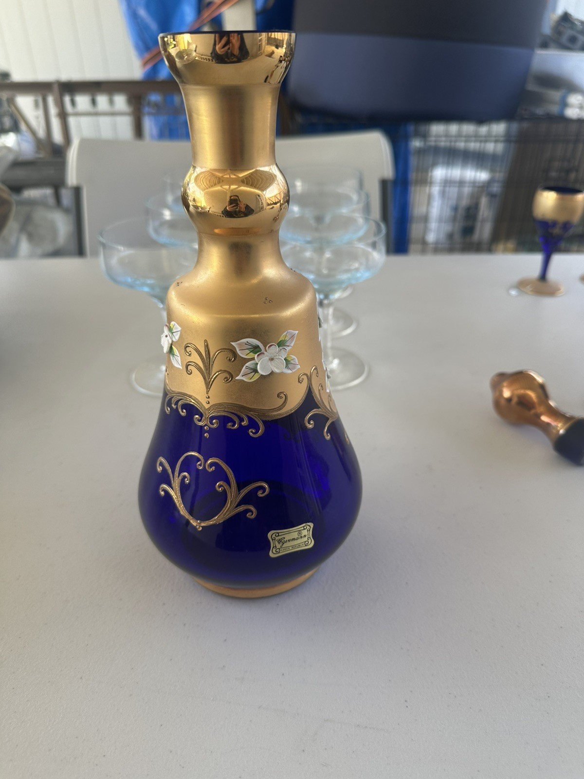 Antique Bohemian Moser Cobalt Blue Enamel Flowers Decanter & 6 Glasses Set