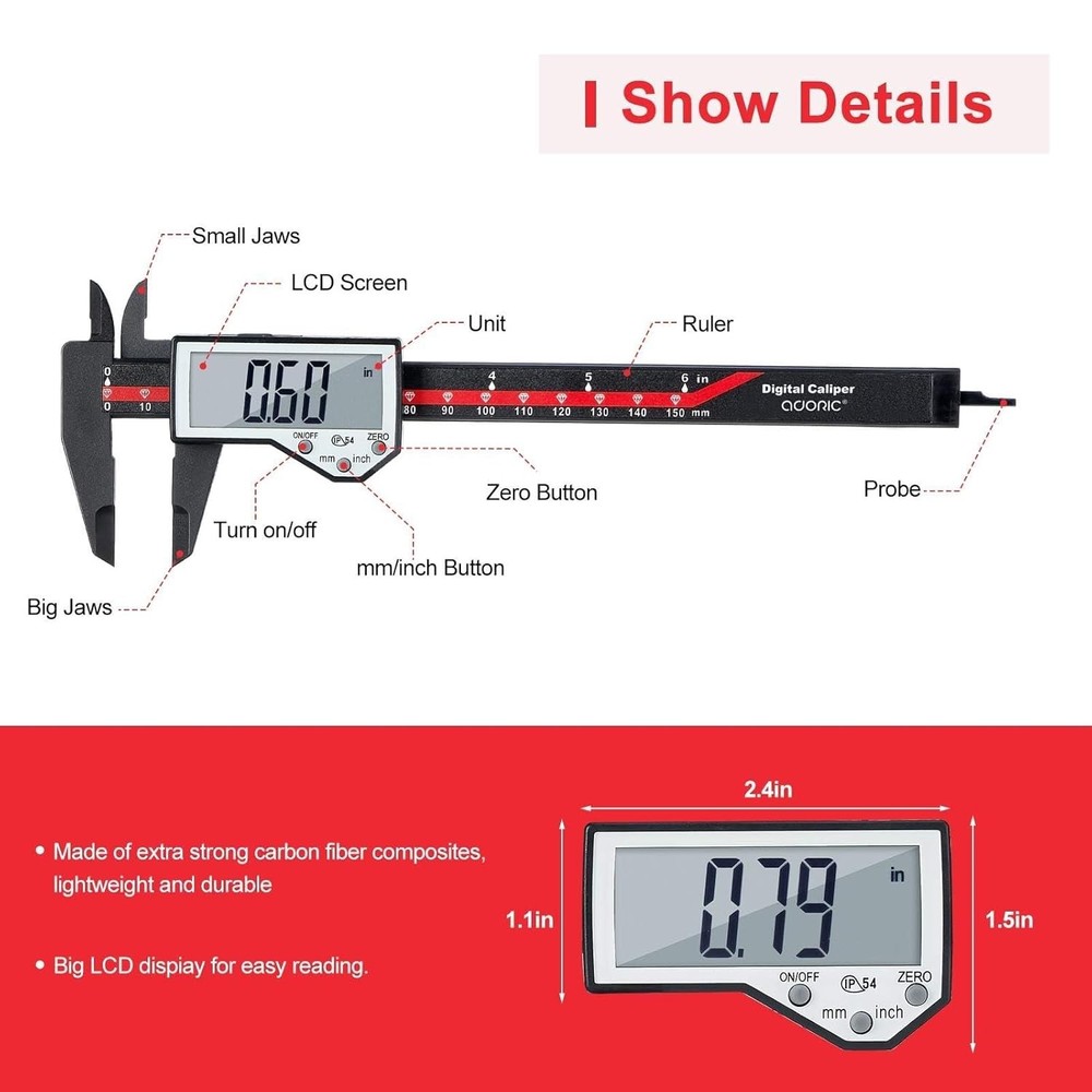 Digital Caliper, 0-6" Electronic Caliper Auto - Off Feature with Large LCD Sc...