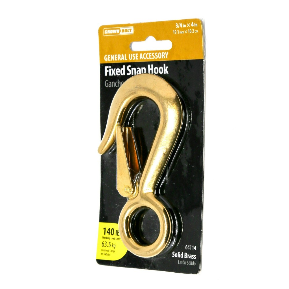 CrownBolt 64114 Fixed Snap Hook, 4in, Solid Brass, 3/4in Eye, 140lbs Capacity