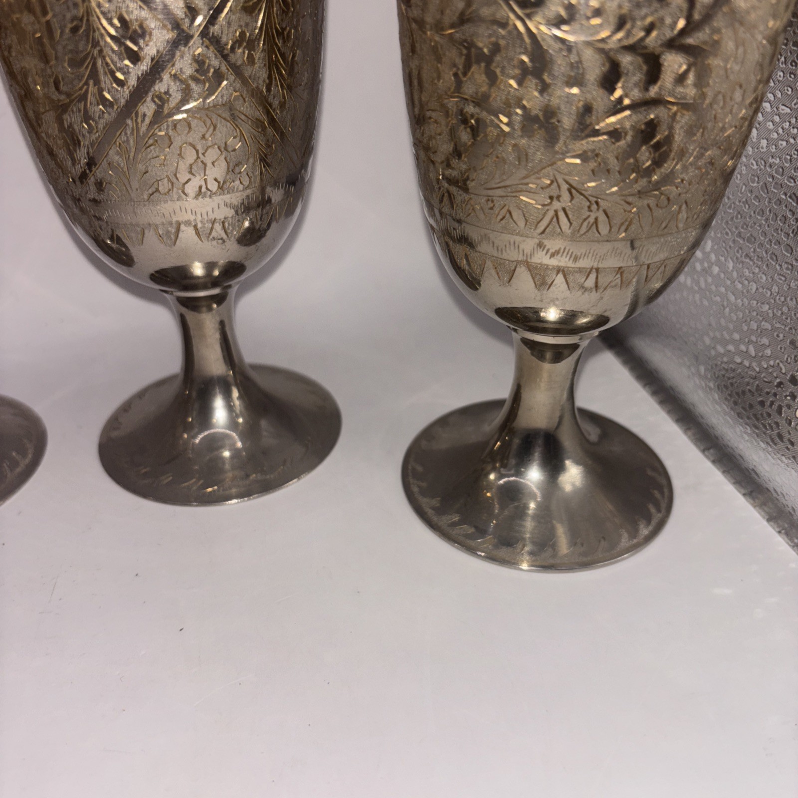 4 ZY India Modern Vine Heavy Wine Goblet Silver Plated 7” Etched Engraved