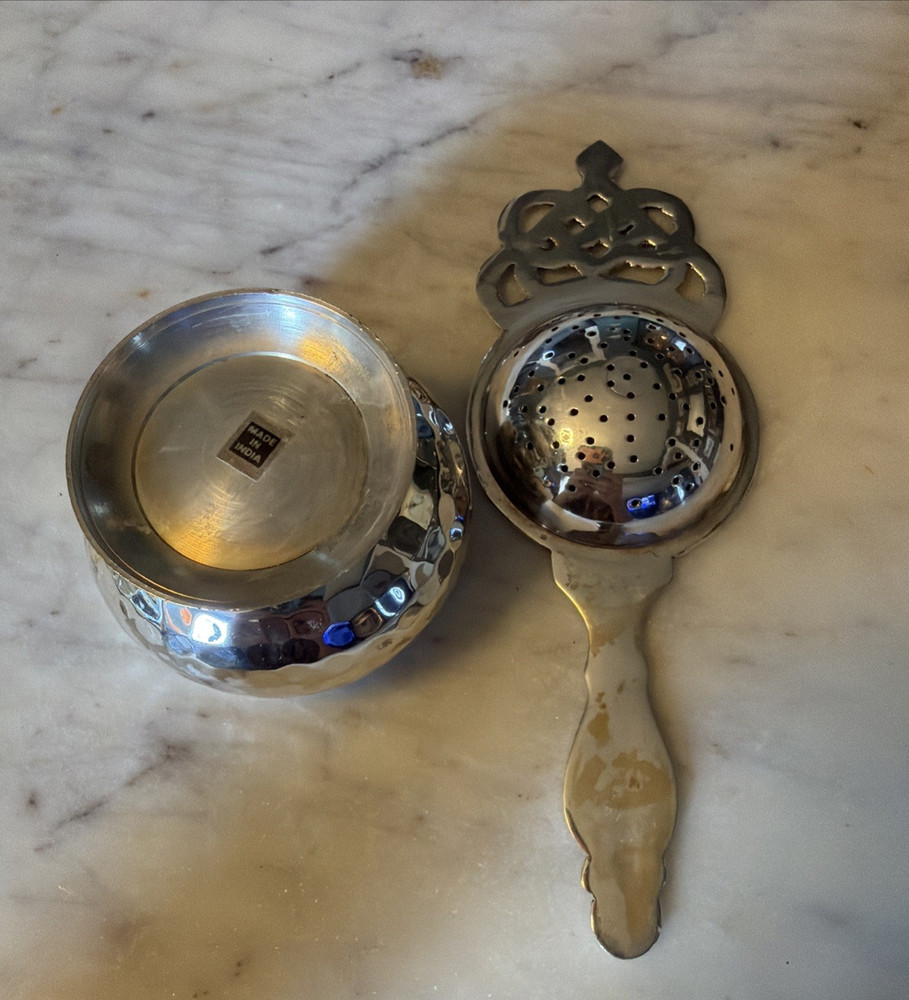 Antique Loose Tea Bag Strainer Basket Silverplate Spoon and Bowl
