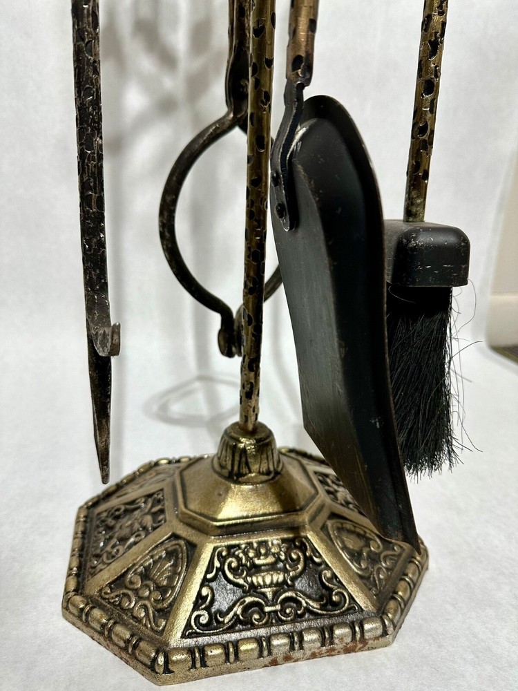 Vintage Brass Fireplace Tool Set 4 Piece & Stand