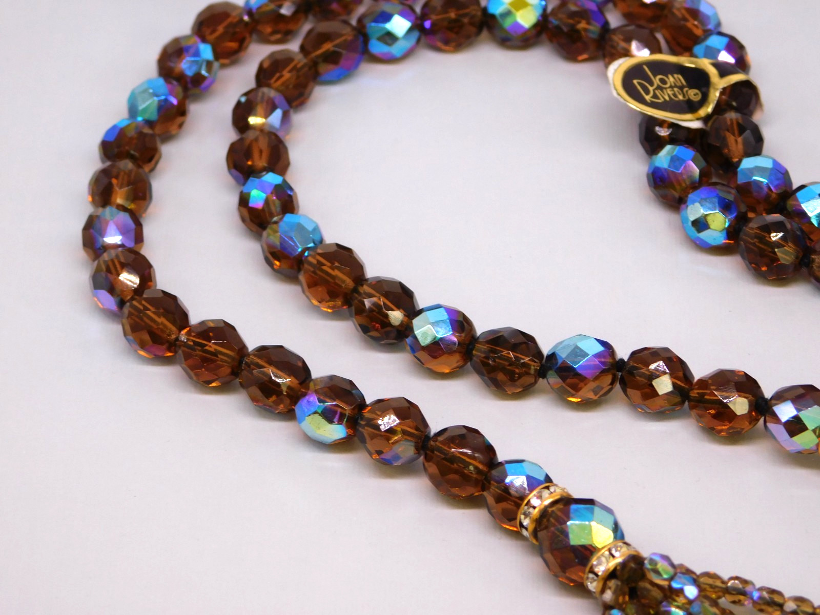 Vintage JOAN RIVERS Lariat Tassel Necklace Brown AB Faceted Beads Flapper NWT