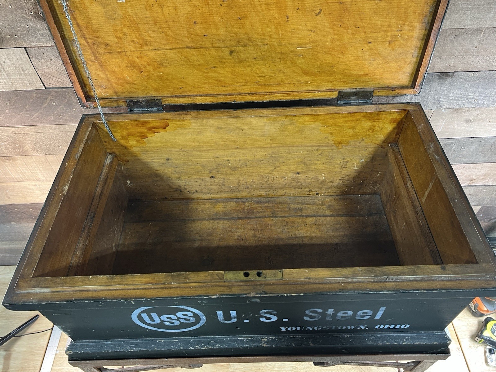 Vintage Large U.S. Steel Wooden Toolbox With Metal Base Stand