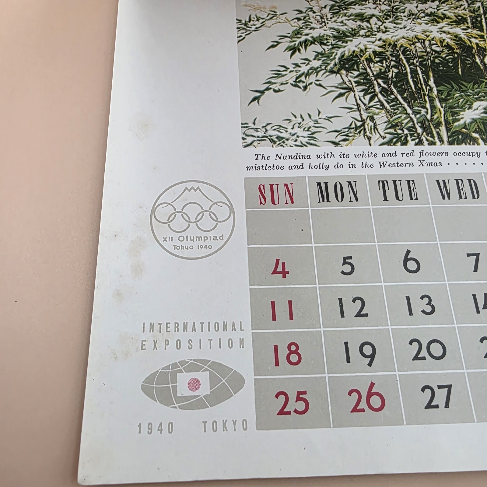 RARE XII Olympiad Ephemera Tokyo Japan 1938 Calendar WWII Canceled 1940 Olympics