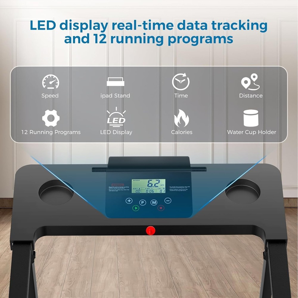 Lightweight Treadmill with LED Display - 12 Programs, Shock Absorbent, Easy Fold