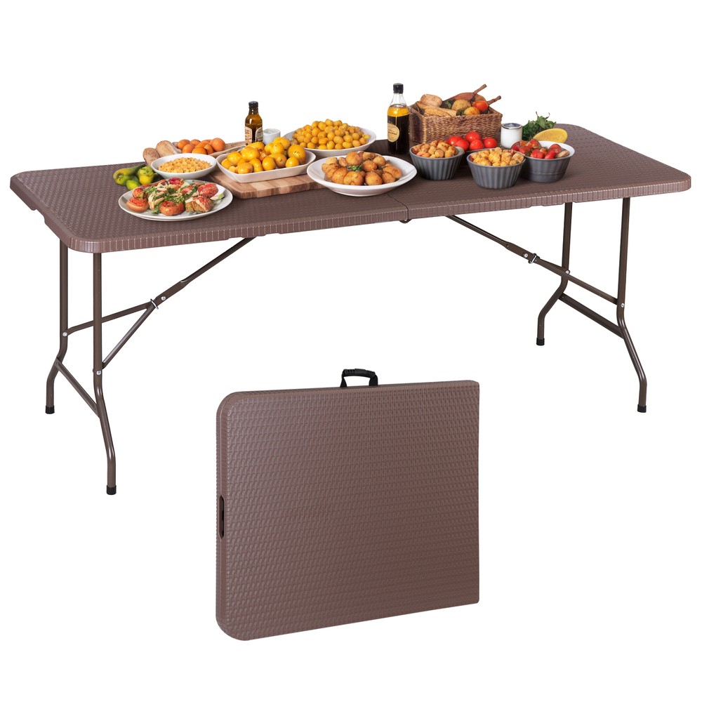 6ft Folding Table Portable Foldable Card Table Fold-in-Half Utility Table Brown
