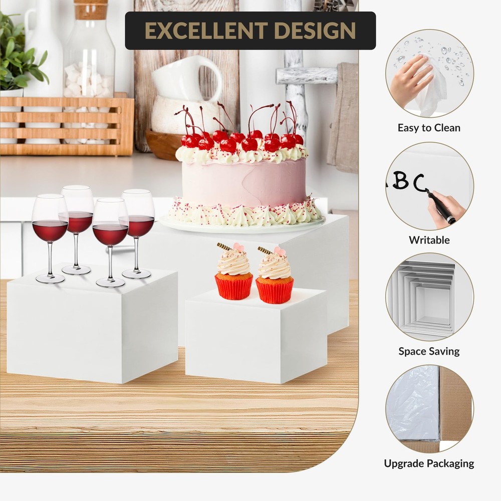 6-Piece White Stackable Display Risers for Desserts – Multi-Sized Food Stands...