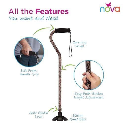 NOVA Sugarcane Leopard Walking Cane Adjustable Quad Tip with Carrying Strap