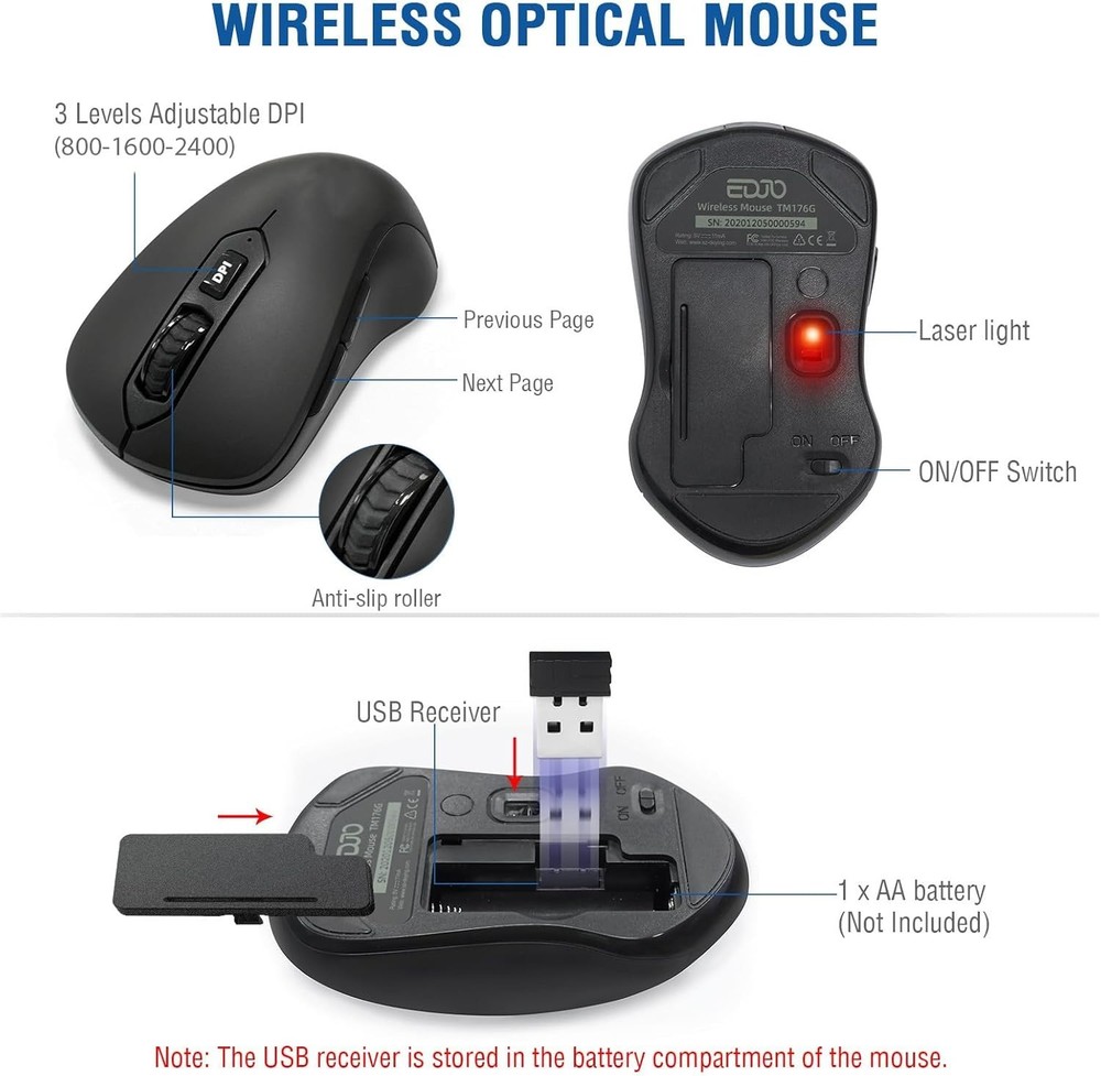 Wireless Keyboard and Mouse Combo, EDJO 2.4G Full-Sized Ergonomic WITH USB