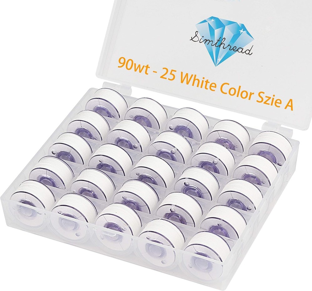 Simthread 25pcs 90WT White Prewound Bobbin Thread Size A Class 15 (SA156) with C