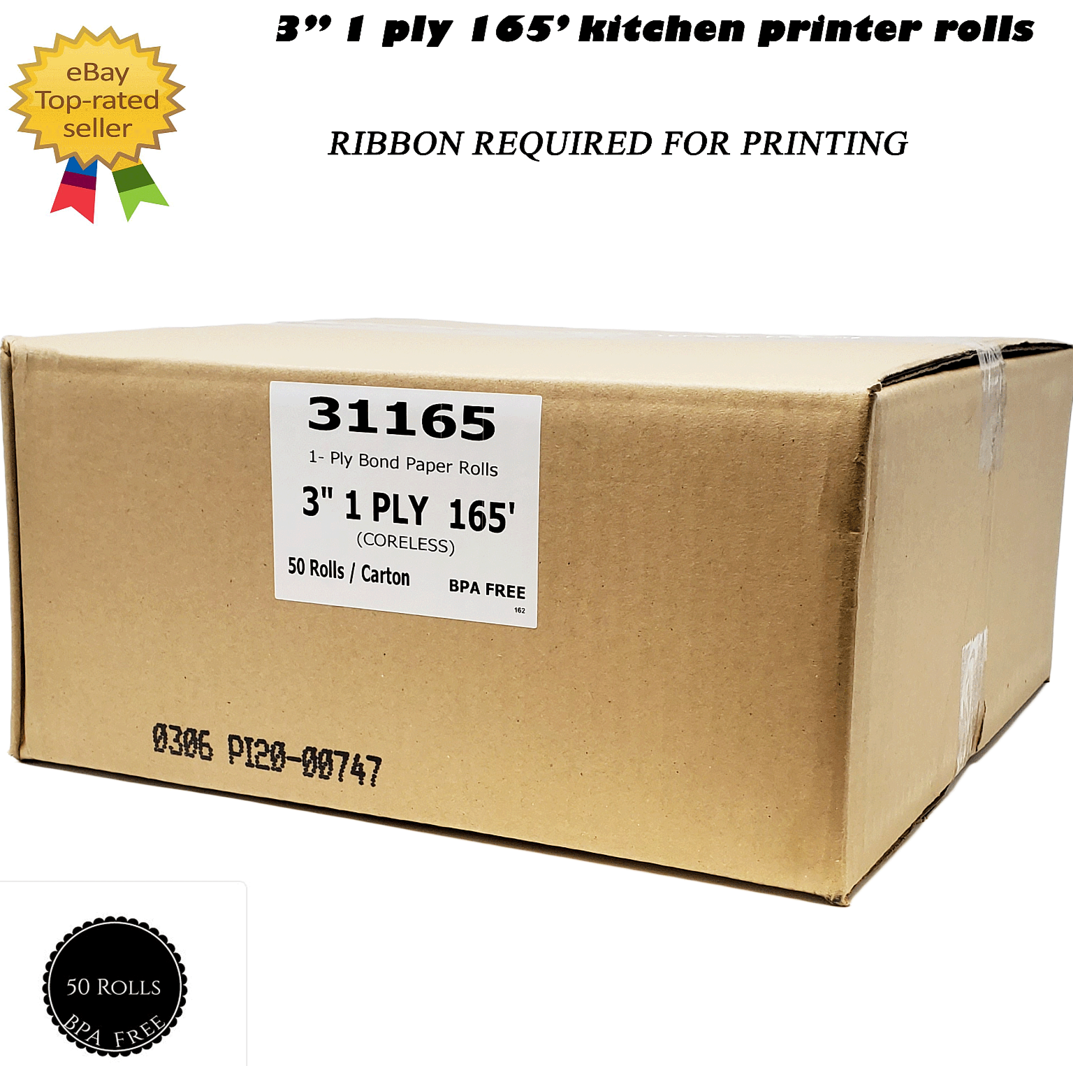 3" 1 PLY x 165' KITCHEN PRINTER BOND PAPER 50 ROLLS CORELESS STAR SP700