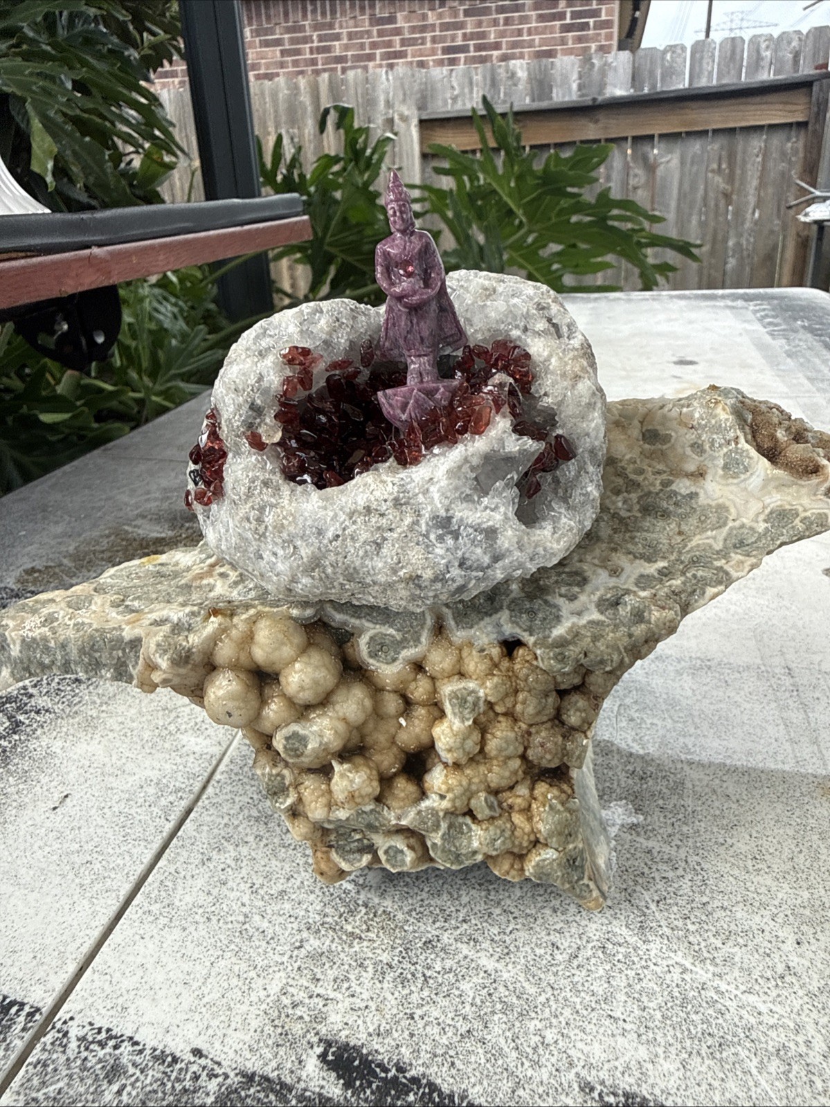 Carved Ruby Buhda On Ocean Jasper Faced Rough, Incredible Orbs Red Crystals 6”