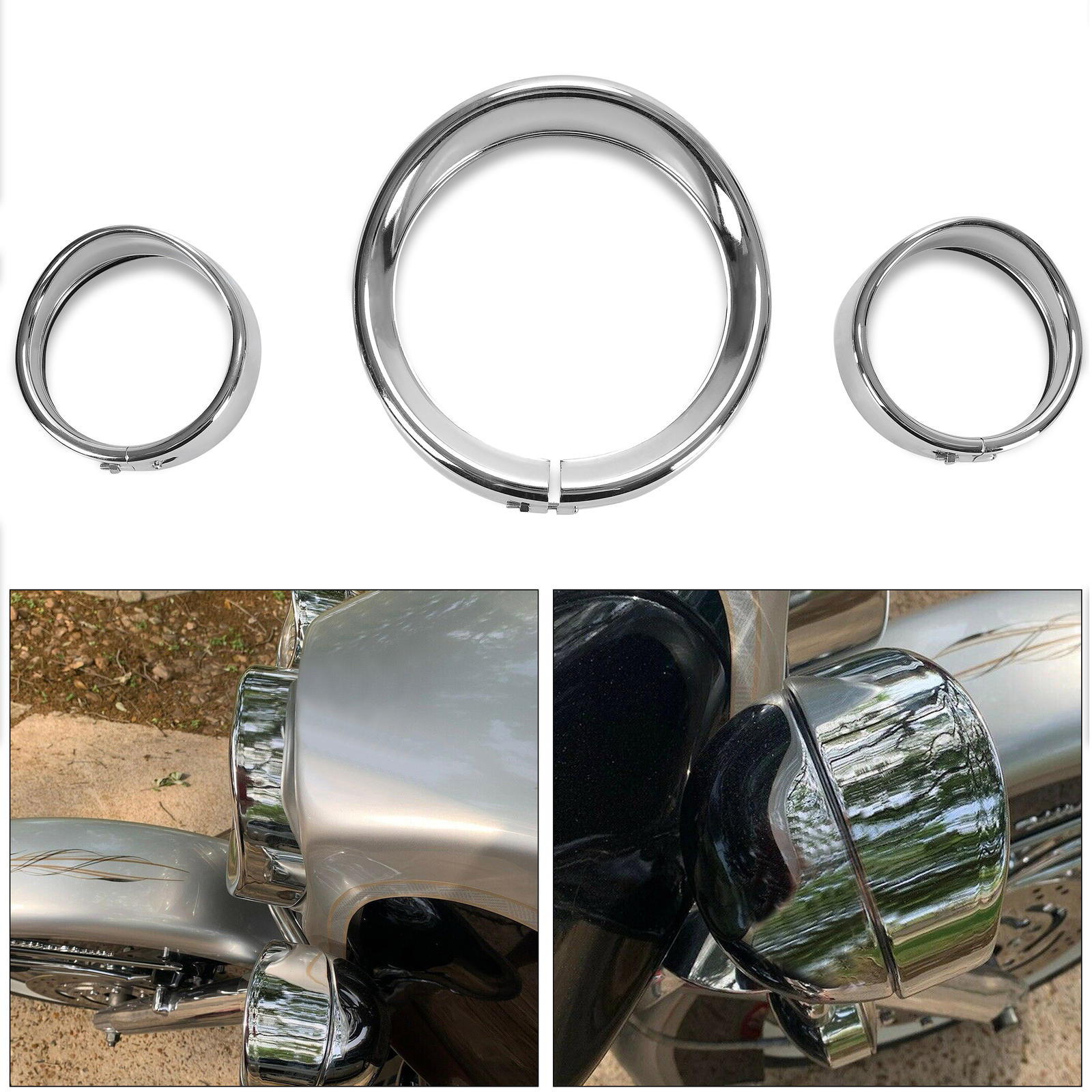 7" + 4.5" Headlight Fog Light Visor Style Trim Ring For Harley Touring Dyna