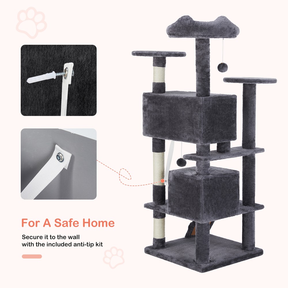 Modern Gray 54" Multi-Level Cat Tree Tower with Scratching Posts and Perches
