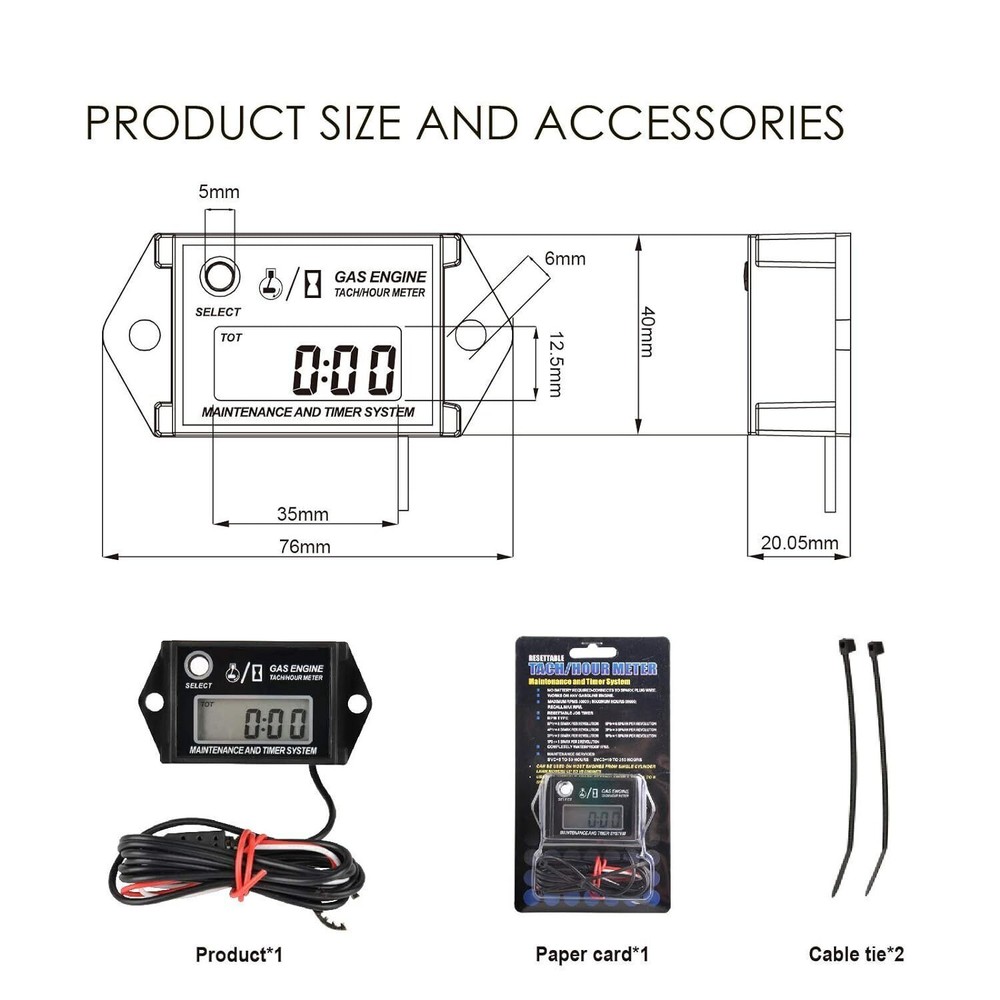 12V Tachometer Tiny Tach Hour Meter fit 2/4 Stroke Small Engine Motorcycle Boat
