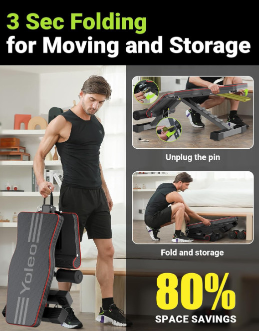 Adjustable Weight Bench, Foldable Incline Decline Flat Workout Bench Black