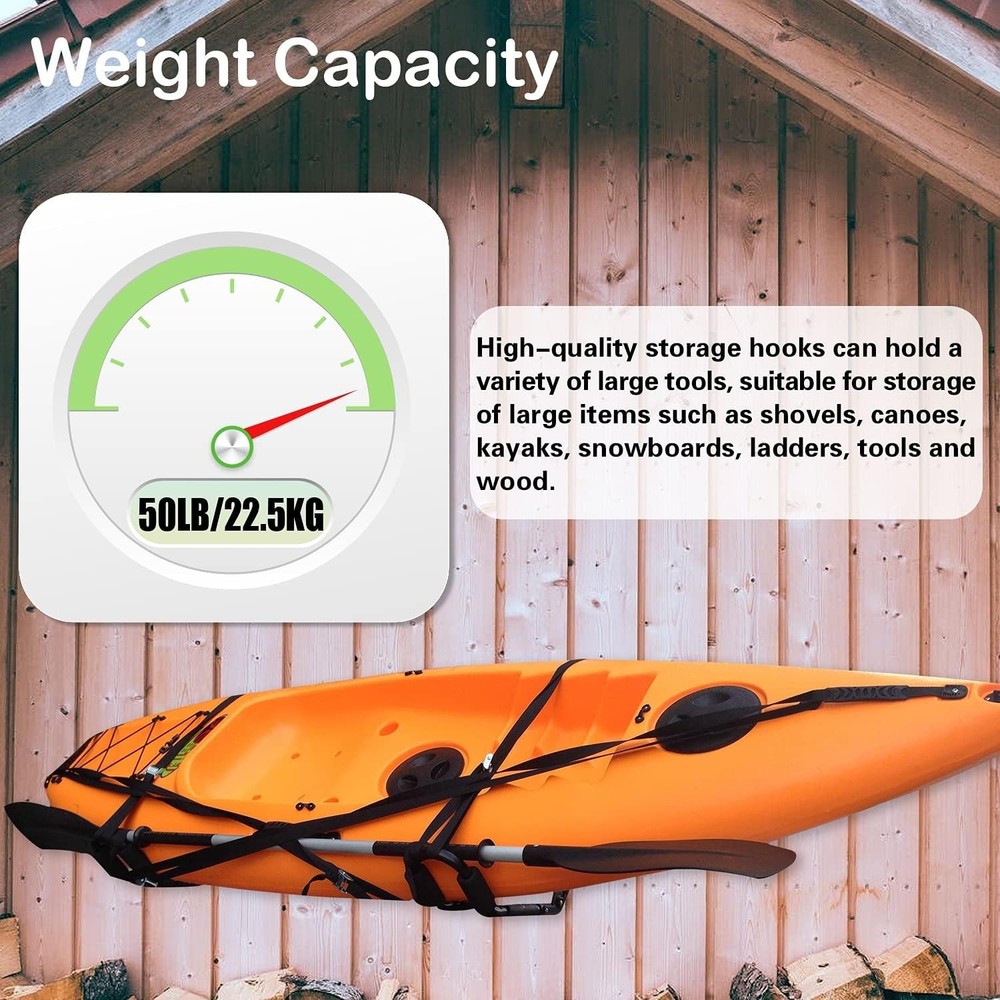 Easy Install Kayak & Bicycle Wall Hooks - Max Load 50lbs, Black Storage Solution