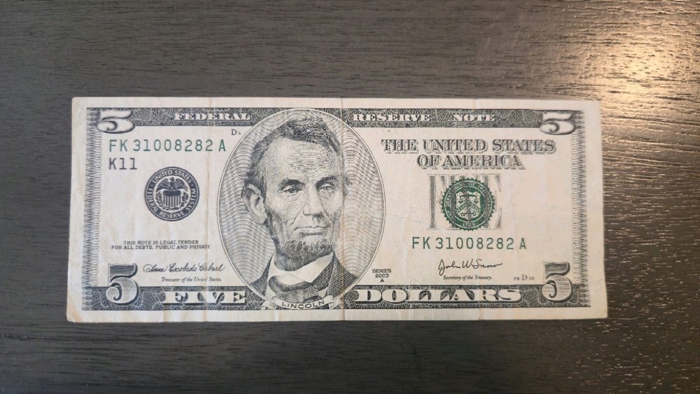 2003 $5 US Federal Reserve Note D sequential ending
