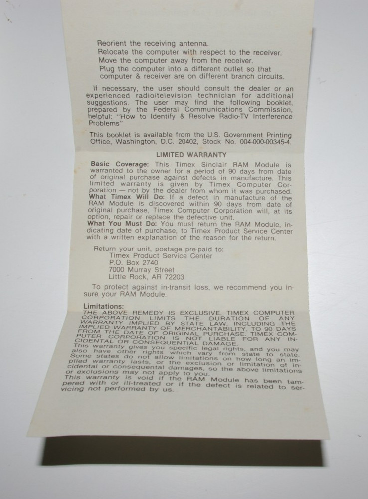 Timex Sinclair 1016 16K RAM Module for Sinclair 1000