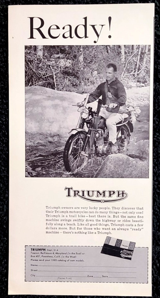 Triumph Motorcycle Original 1963 Vintage Print Ad Wall Art
