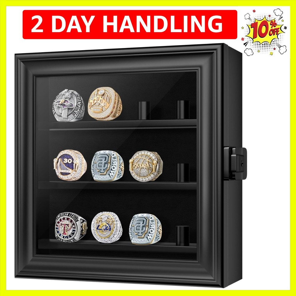Championship Ring Display Case, 12 Ring Posts Baseball Ring Holder, Wall Moun...