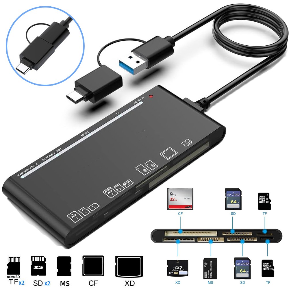 USB 3.0 Memory Card Reader, 7 in 1 Adapter Hub, for SD, CF, TF, Micro SD, XD, MS