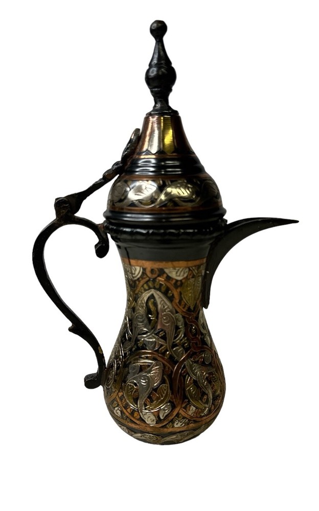 Vintage Beautiful Etched Brass Copper Coffee Tea Pitcher Middle Eastern 8”