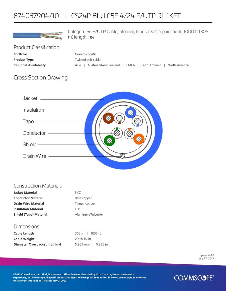 Commscope CS24P 24/4P Cat5E F/UTP WebTrak Plenum Shield Network Cable Blue/100ft