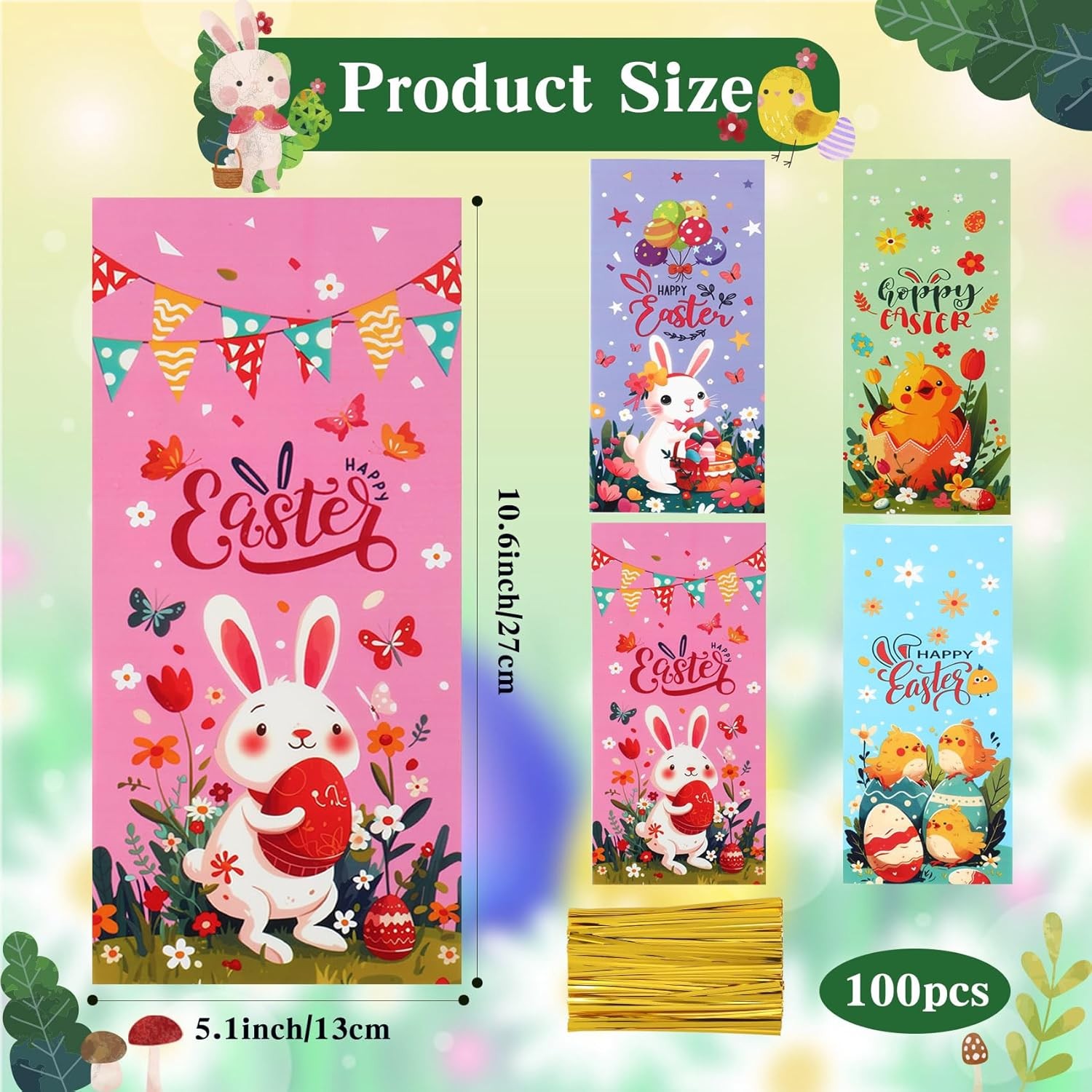 Happy Easter Treat Bags, 100Pcs Easter Cellophane Goodie Bags, Colorful Plastic