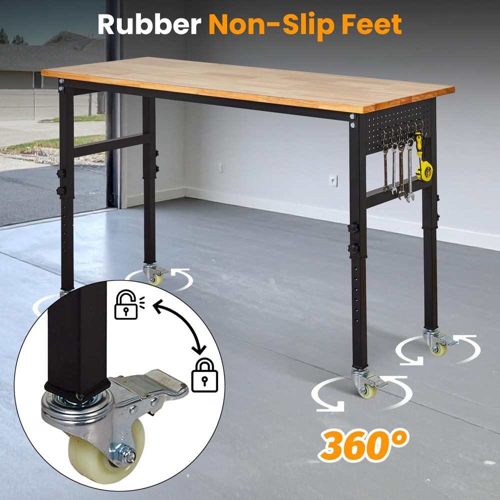 48" Adjustable Workbench w/ Wheels & Pegboard, Work Table for Garage, Workshop