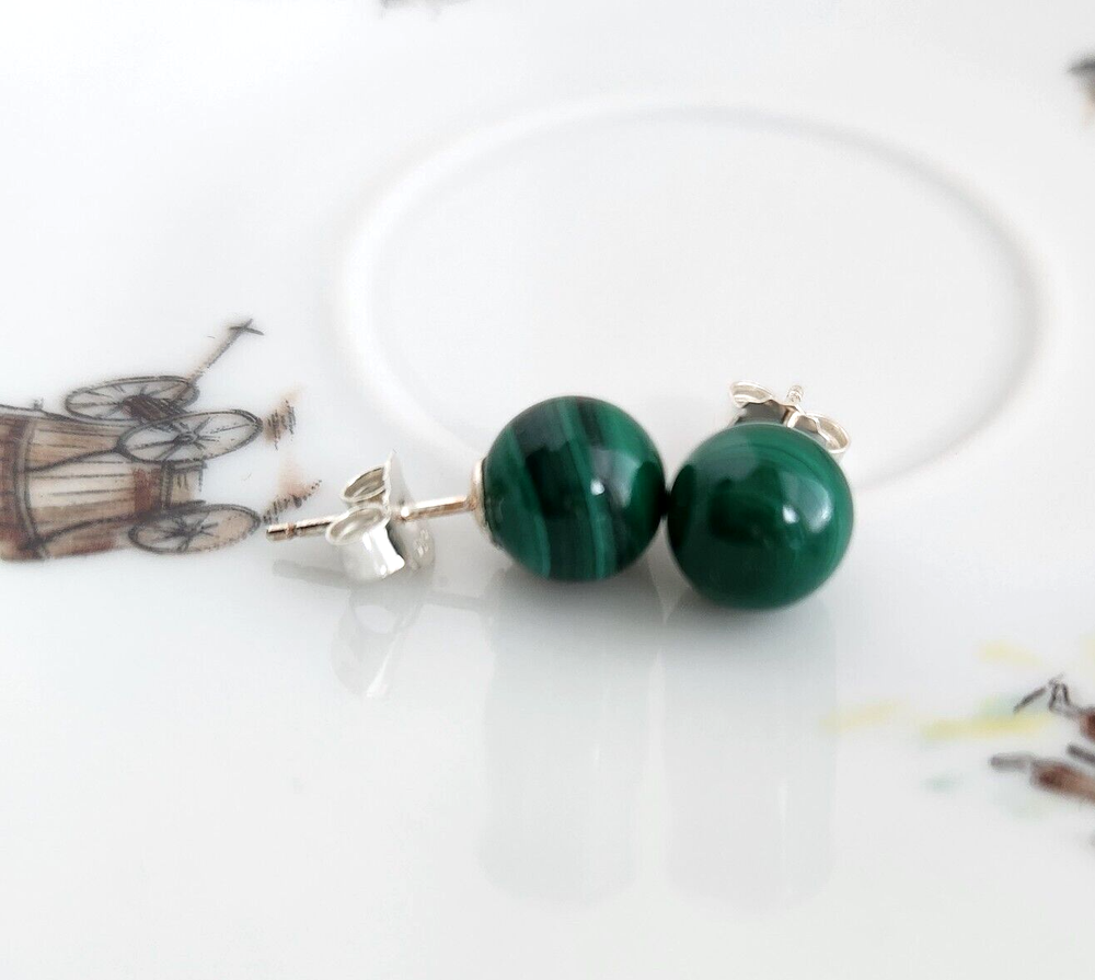 Natural Malachite 8MM Ball Stud Earrings In Solid 925 Sterling Silver