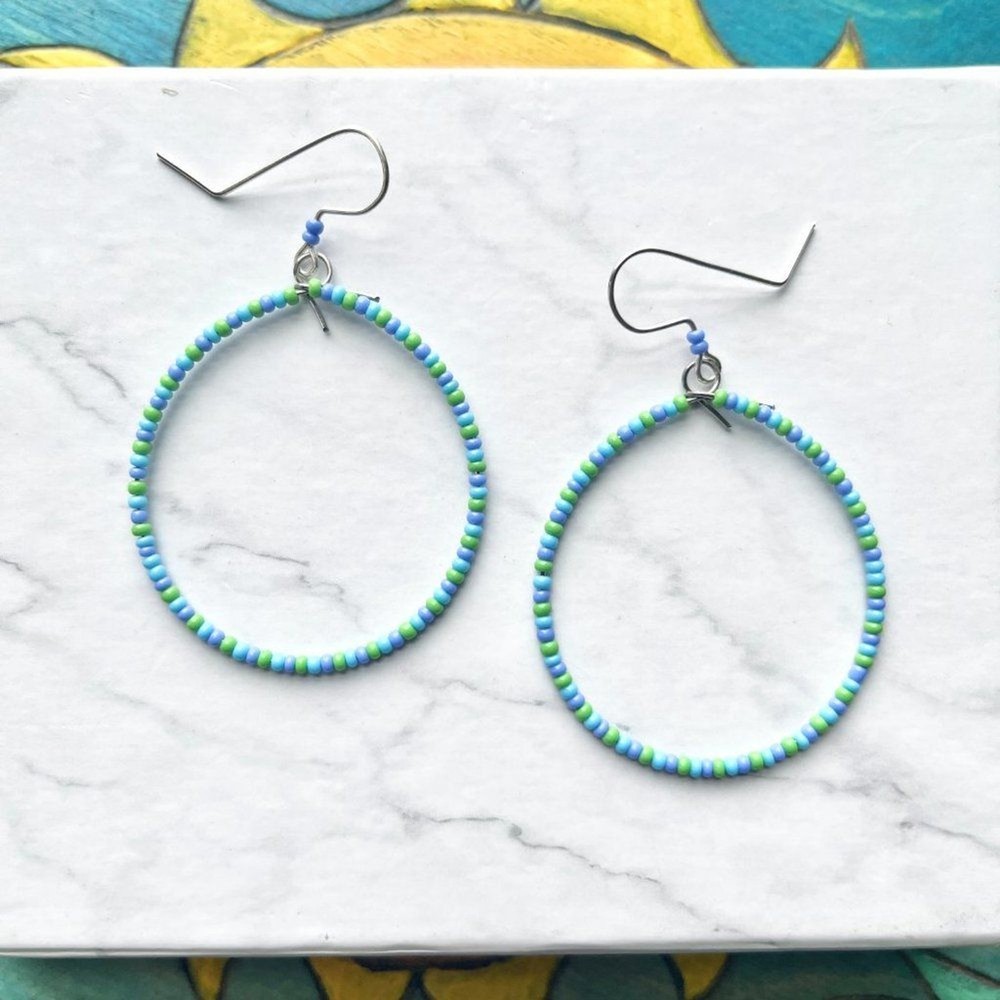 Ocean Hand Beaded Tear Drop Earrings