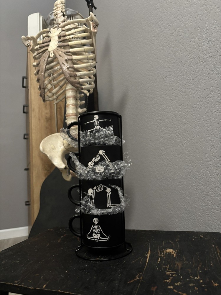 Prima Design Halloween Coffee Mugs Skeleton Yoga Pose 4 Set Stackable Caddy