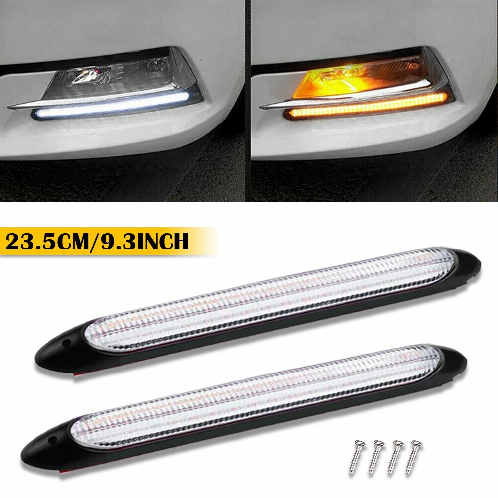 LED DRL Headlight Strip Turn Light Sequential Lamp Flow Signal Amber White 9.3"