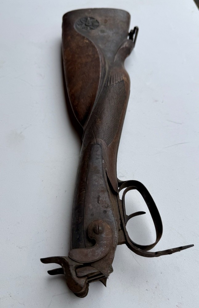 19thC Percussion Cap Muzzle Loading Double Barrel Carved Stock & Trigger PARTS