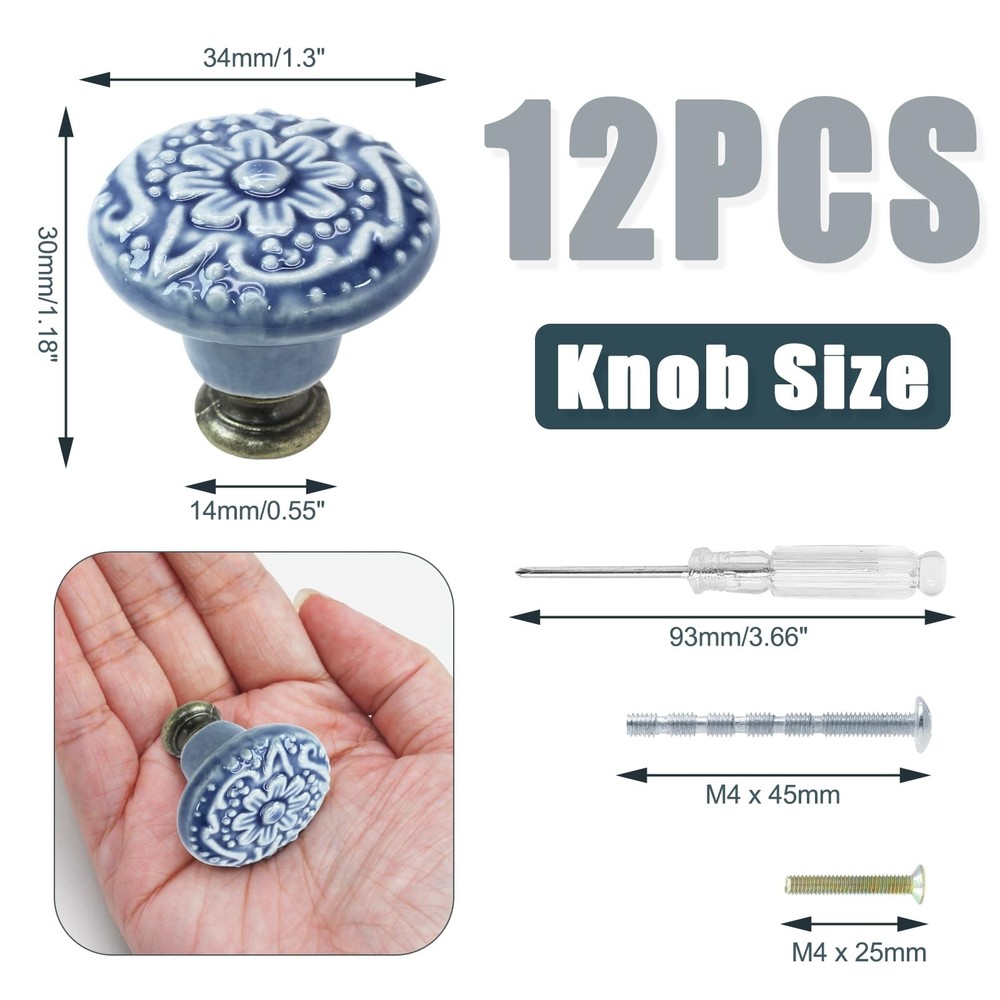 12 Pcs Light Blue Vintage Ceramic Cabinet Knobs, Round Drawer & Door Pulls