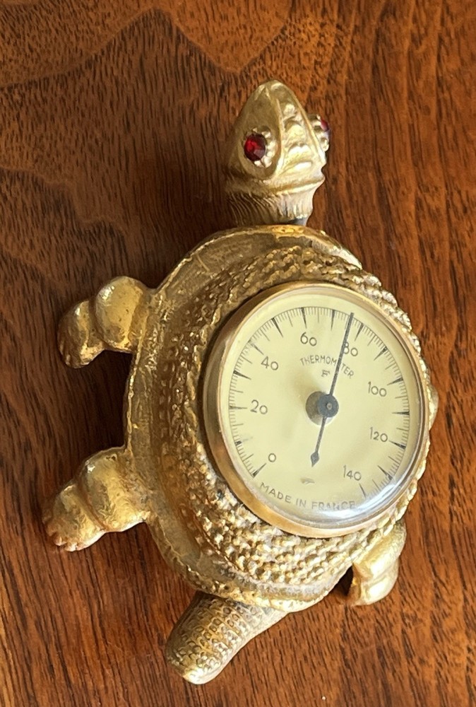 Vintage Moveable Florenza Brass Turtle With Red Ruby Eyes Thermometer Signed