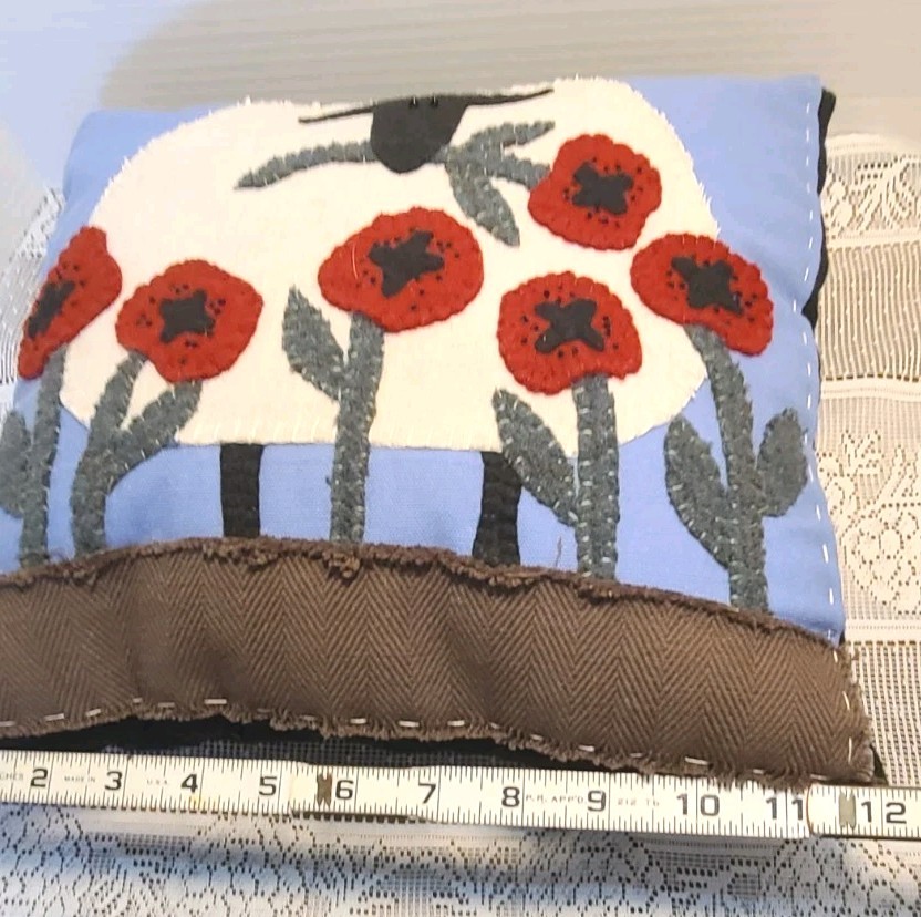 Picking Poppies Sheep Applique' Pattern Throw Pillow