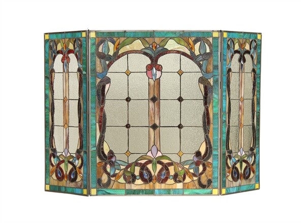 44" Folding Stained Glass Fireplace Screen
