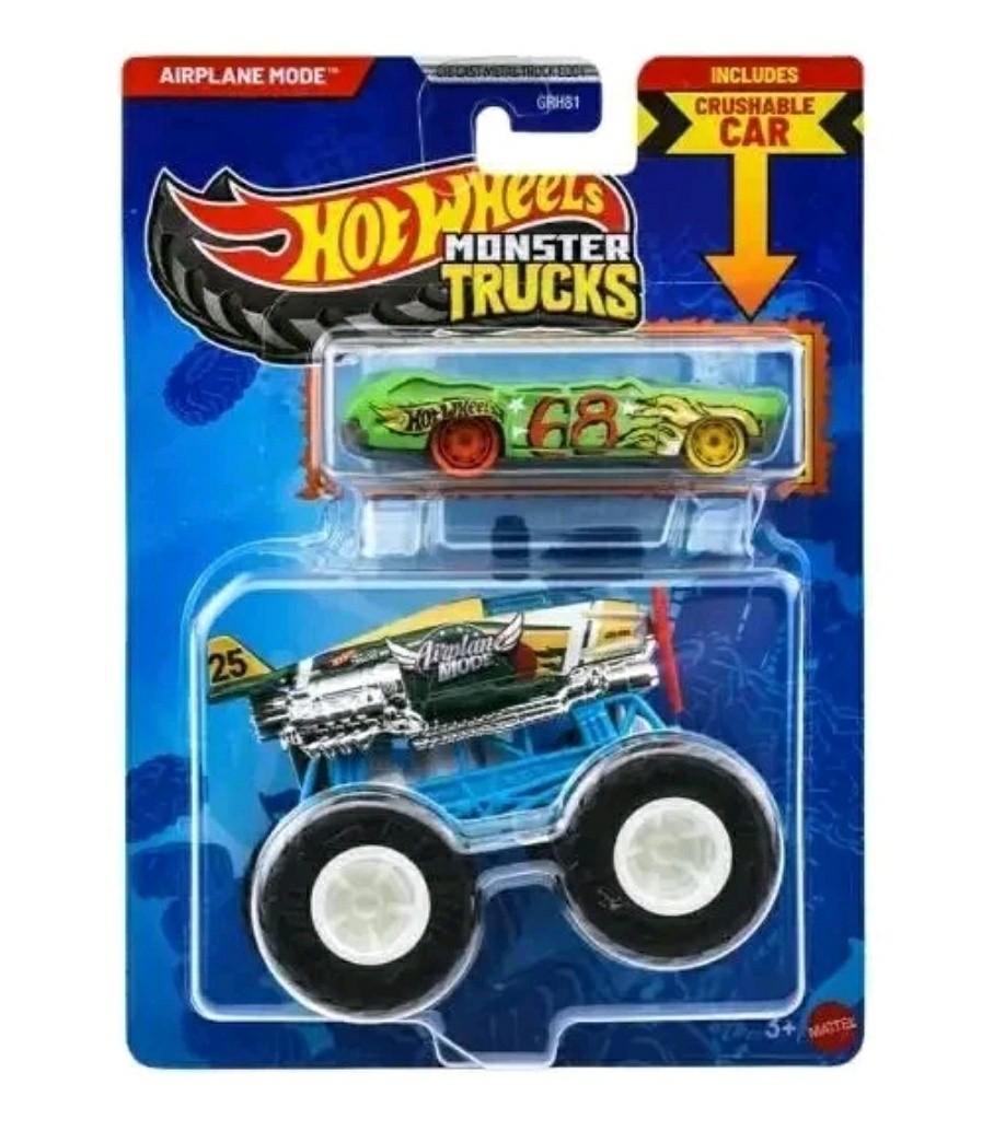 HOT WHEELS MONSTER TRUCKS AIRPLANE MODE INCLUDES CRUSHABLE CAR 1:64 SCALE NEW