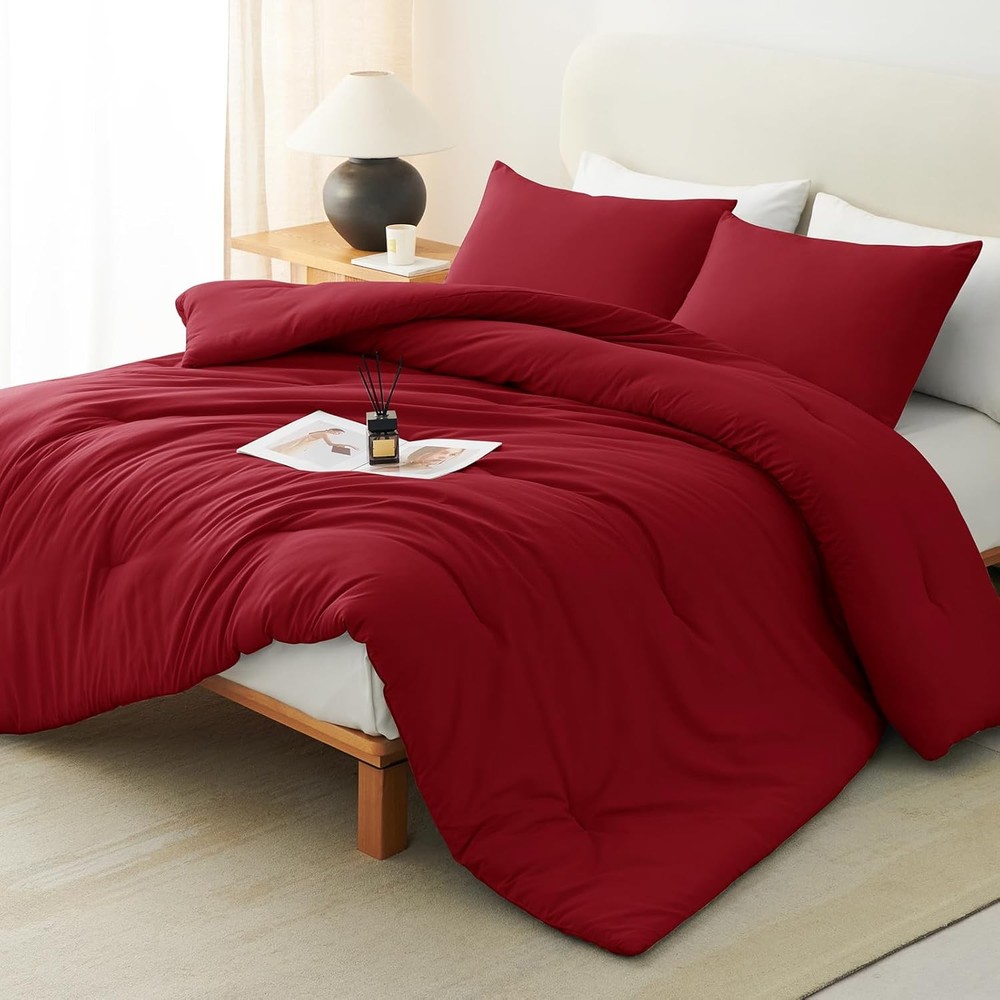 King Size Solid Comforter Set Dark Red 1 Comforter & 2 Pillowcases Quilted Soft