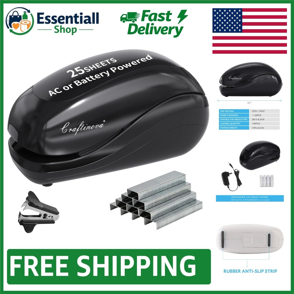 Ergonomic Electric Stapler - 25 Sheet Capacity, AC Adapter or Battery Powered