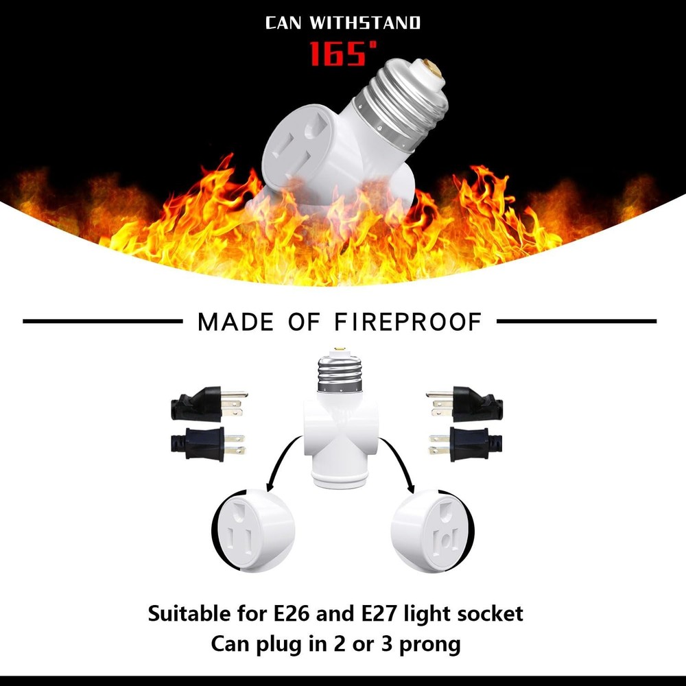 2 Pack, Light Socket to Plug Adapter, Convert E26 Light Socket to 3-Prong Outlet