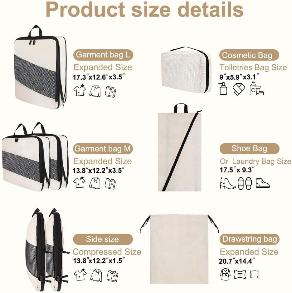 6 Set Compression Packing Cubes - Travel Essentials Compressible Expandable P...