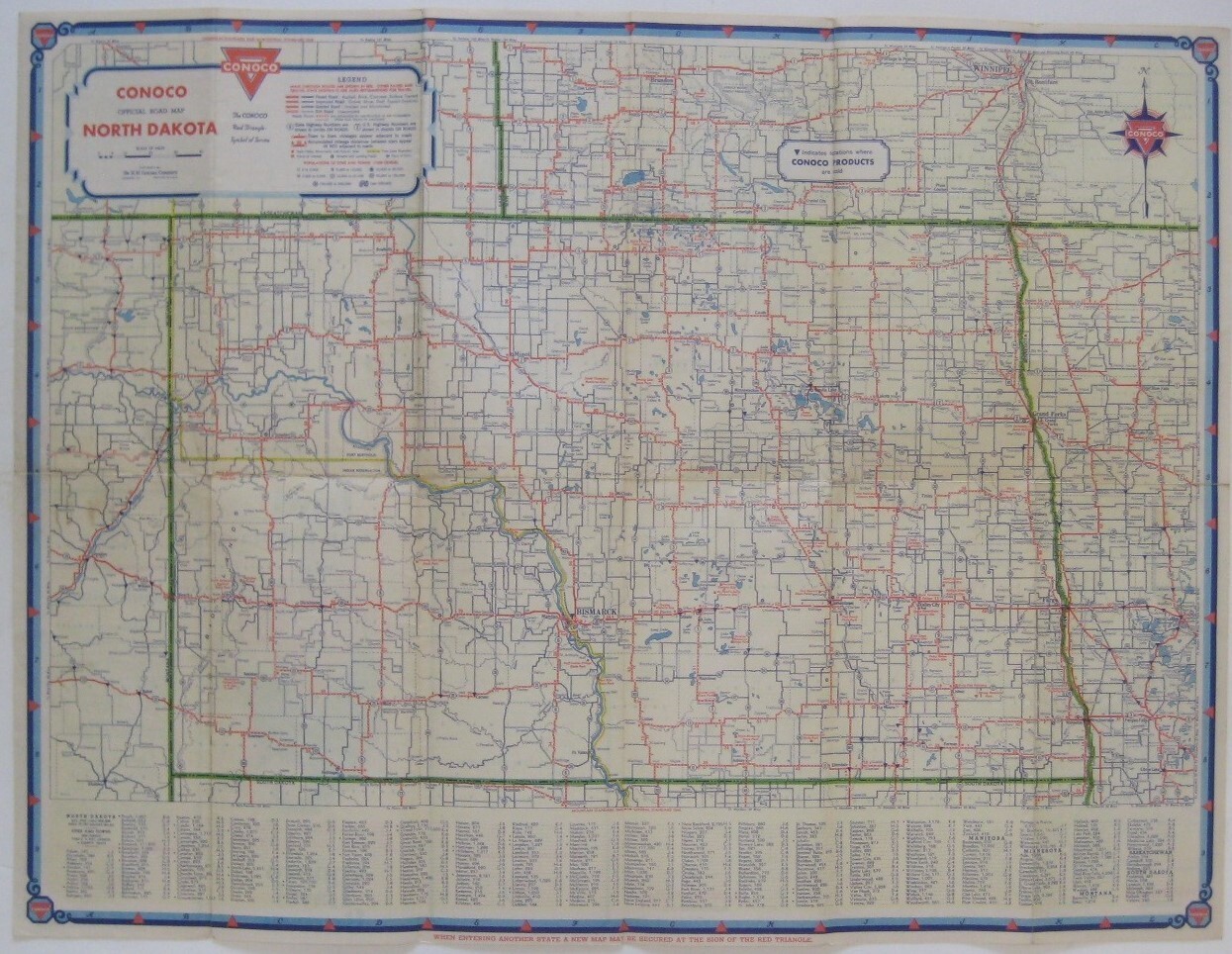 1936 CONOCO OIL Road Map NORTH DAKOTA Minot Fargo Bismarck Jamestown Devils Lake